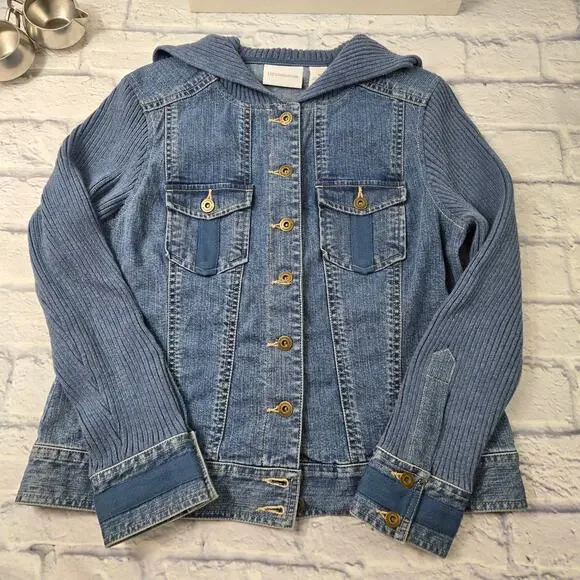 Liz Claiborne Denim Jean Jacket Knit Sleeves Shawl Collar Pocket Cuff Trim sz 14 - Picture 3 of 16